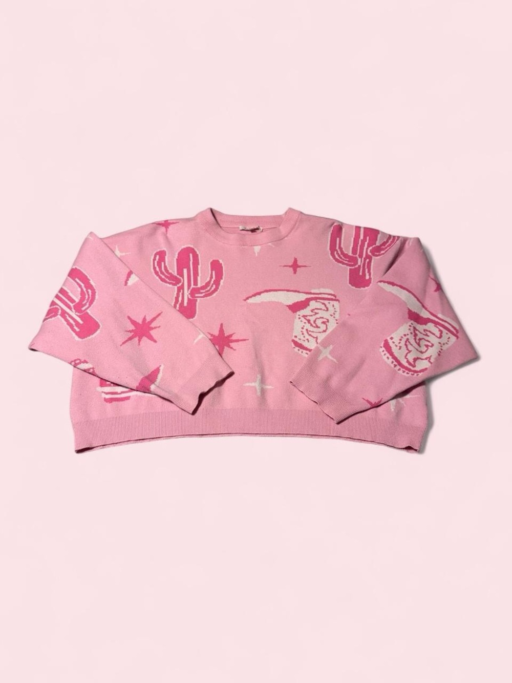 Baevely Cropped Pink Western Graphic Crewneck Sweater